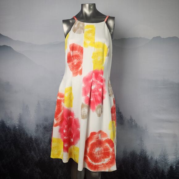 Calvin Klein Floral Print Tie Dye High Neck Fit and Flare Dress | Womens 14 - Picture 1 of 12